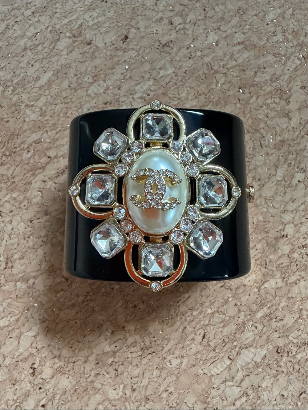 CHANEL Black Resin Cuff with Pearl and Crystal Emblem - Picture 2 of 4